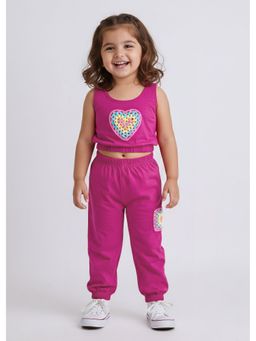 Hopscotch - Pink Heart Crochet T Applique Cotton Top And Joggers