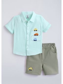 Hopscotch - Blue Vehicle Embroidery Shirt And Shorts