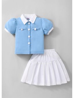 Hopscotch - Blue Contrast Collar Shirt And Skirt