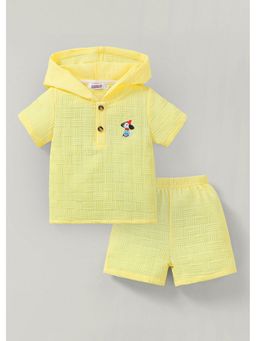 Hopscotch - Yellow Textured Puppy Embroidery Hoodie With Shorts