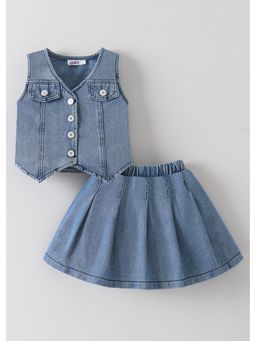 Hopscotch - Denim Pleated V-Neck Waistcoat With Skirt