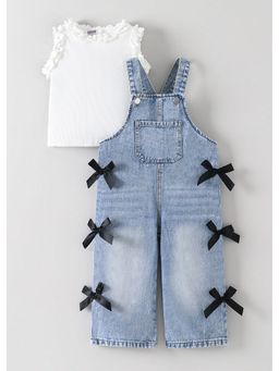 Hopscotch - White Bow Applique Dungaree With Top