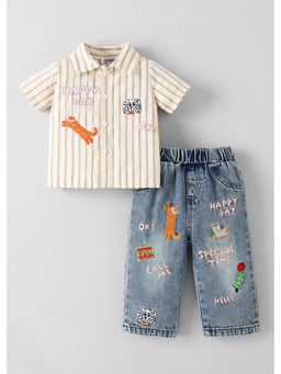 Hopscotch - Cream Striped Shirt With Animal Embroidery Jeans