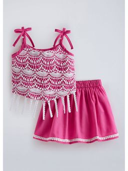 Hopscotch - Pink Lace Embroidered Top And Skirt