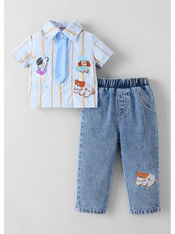 Hopscotch - Blue Puppy Applique Striped Shirt With Jeans And Tie
