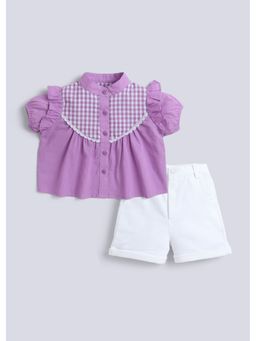 Hopscotch - Purple Checkered Lace Ruffled Top And Shorts