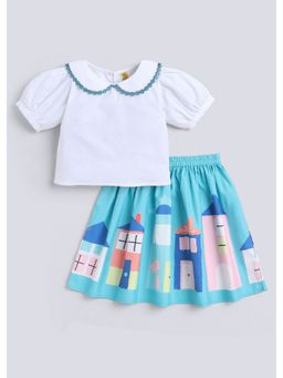 Hopscotch - Puff Sleeve Top And Graphic Print Skirt