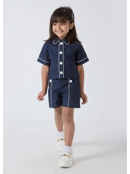 Hopscotch - Navy Blue Cotton Collared Shirt With Shorts