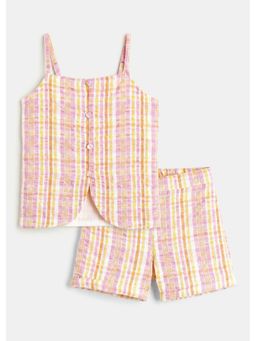 Hopscotch - Pink Striped Textured Cotton Top And Shorts