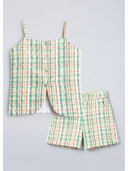 Hopscotch - Green Striped Textured Cotton Top And Shorts