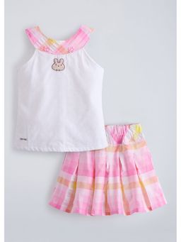 Hopscotch - Pink Bunny Embroidery Top With Checkered Skirt