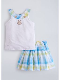 Hopscotch - Blue Bunny Embroidery Top With Checkered Skirt
