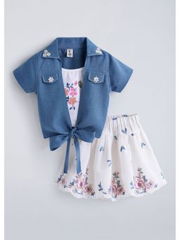 Hopscotch - Blue Floral Printed Cotton Top With Skirt And Jacket
