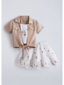 Hopscotch - Brown Floral Printed Cotton Top With Skirt And Jacket