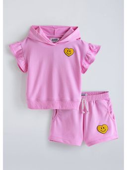 Hopscotch - Heart Embroidered Ruffled Hooded T-Shirt And Shorts