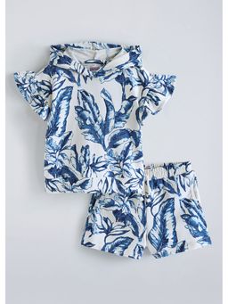 Hopscotch - Tropical Printed Ruffled Hooded T-Shirt And Shorts