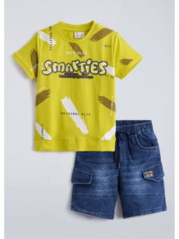Hopscotch - Yellow Typography T-Shirt And Denim Shorts