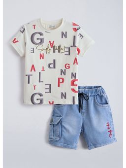 Hopscotch - Off White Typography T-Shirt And Denim Shorts