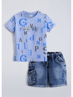 Hopscotch - Blue Typography T-Shirt And Denim Shorts