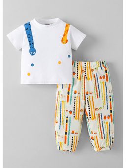 Hopscotch - White Printed Ribbed T-Shirt And Joggers