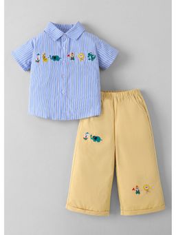 Hopscotch - Blue Striped Animal Embroidery Shirt And Pant