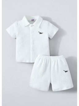 Hopscotch - White Textured Dino Embroidery Shirt And Shorts