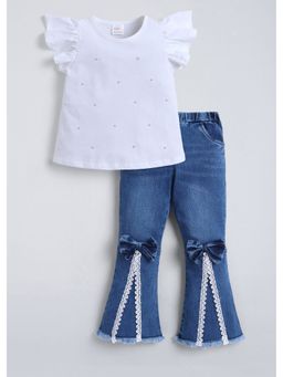 Hopscotch - White Beaded Top And Bow Denim Jeans
