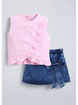Hopscotch - Pink Textured Ribbed Top And Bow Denim Skorts