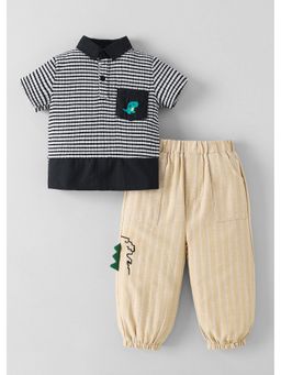 Hopscotch - Black Dino Applique Striped Polo T-Shirt And Joggers