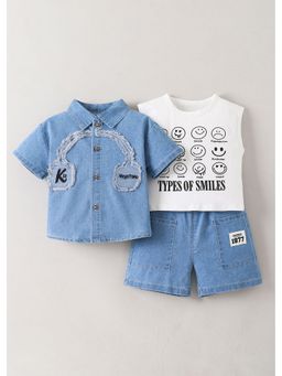 Hopscotch - Blue Printed Denim Shirt And Shorts With T-Shirt