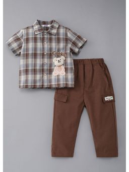 Hopscotch - Brown Checks Teddy Applique Shirt And Pant