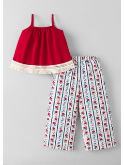 Hopscotch - Red Fringes Top And Floral Printed Pant
