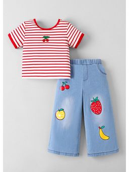 Hopscotch - Red Cherry Applique Striped T-Shirt And Jeans