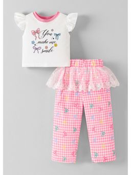 Hopscotch - White Printed Top And Gingham Pant