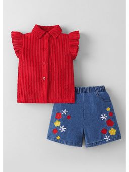 Hopscotch - Red Textured Shirt And Floral Embroidery Shorts