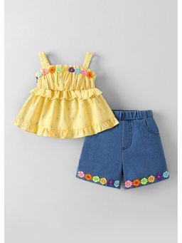 Hopscotch - Yellow Floral Applique Ruffled Top And Shorts
