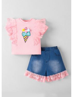 Hopscotch - Pink Ruffled Ice Cream Applique Top And Shorts