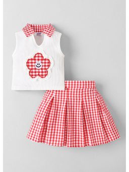 Hopscotch - White Gingham Floral Applique Top With Skirt