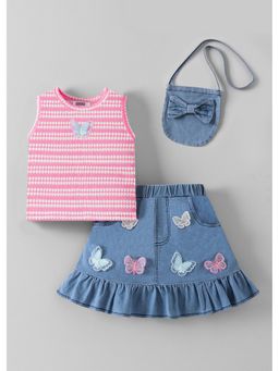 Hopscotch - Pink Textured Butterfly Applique Top With Skirt And Bag
