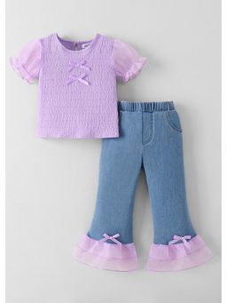 Hopscotch - Purple Bow Applique Textured Top With Jeans