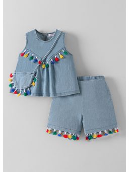Hopscotch - Blue Tassel Denim Top And Shorts And Bag