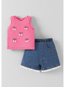 Hopscotch - Pink Floral Applique Textured Top And Shorts