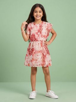 KiddoPanti - Girls Georgette Butterfly Sleeves Floral Printed Knee Length Dress