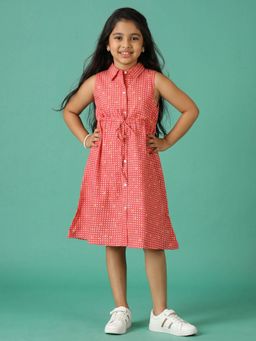 KiddoPanti - Girls Cotton Pink Sleeveless Printed Shirt Dress