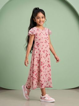 KiddoPanti - Girls Georgette Pink Floral And Polka Dots Printed Flare Dress