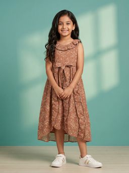 KiddoPanti - Girls Georgette Brown Floral Printed Dress