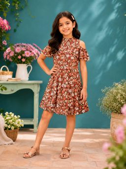 KiddoPanti - Girls Rayon Cold Shoulder Sleeves Floral Printed Dress
