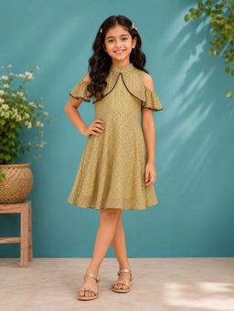KiddoPanti - Girls Rayon Cold Shoulder Sleeves Polka Dots Printed Dress