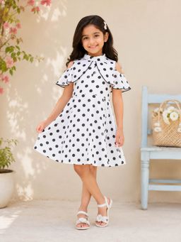 KiddoPanti - Girls Rayon Cold Shoulder Sleeves Polka Dots Printed Dress