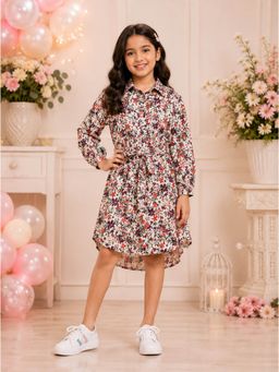 KiddoPanti - Girls Rayon Full Sleeves Floral Printed Shirt Dress With Belt